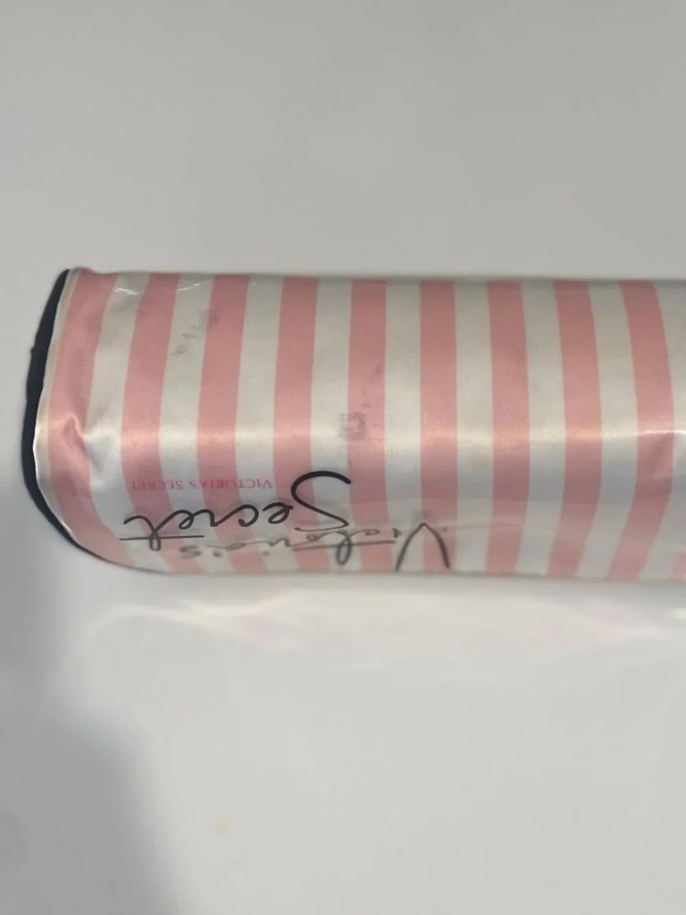 Victoria's Secret Cosmetic Bag Pink Stripe Black Trim Zip Top Lined Makeup Case